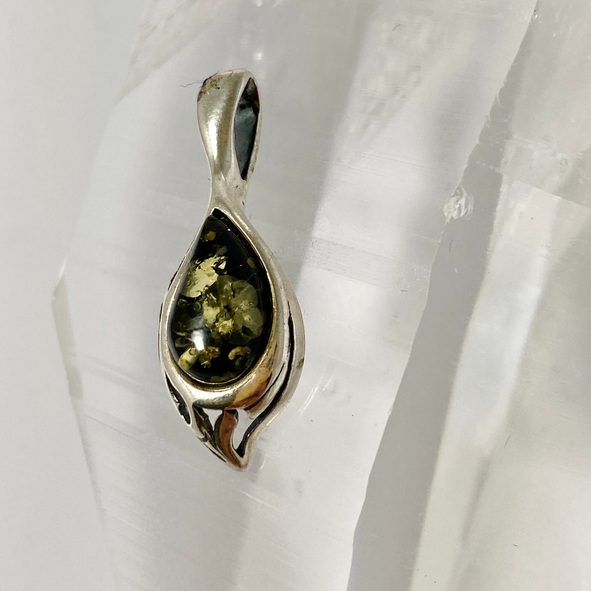 Baltic Green Amber Teardrop Cabochon Pendant AMB362