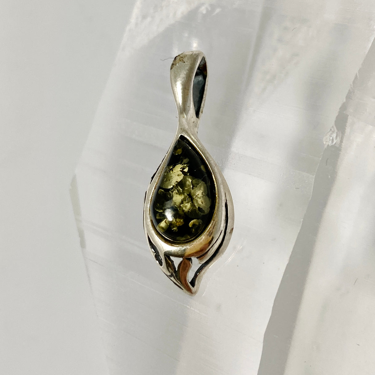 Baltic Green Amber Teardrop Cabochon Pendant AMB362