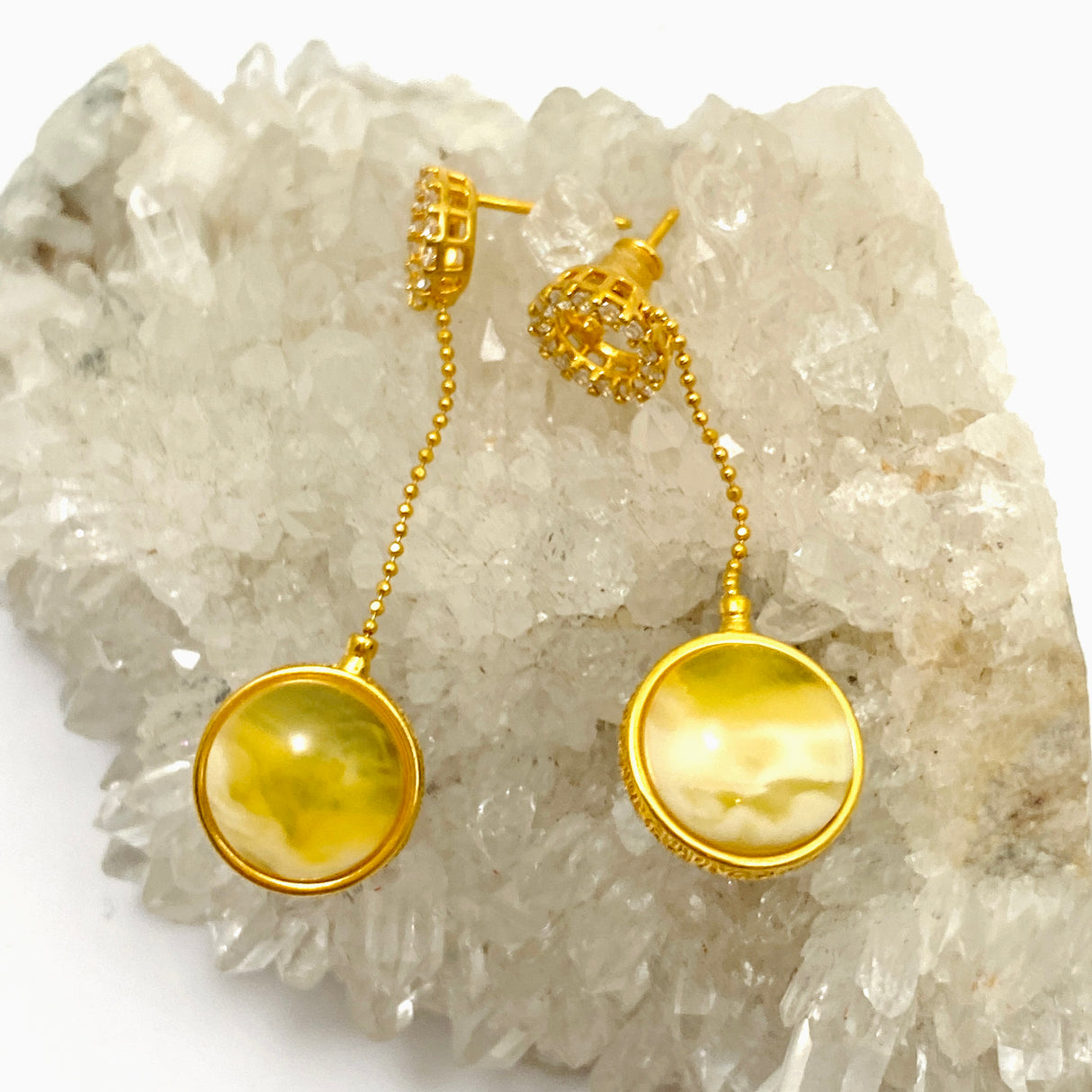 Baltic Amber Round Double Sided 18K Gold Plated Earrings with CZ accents AMB288