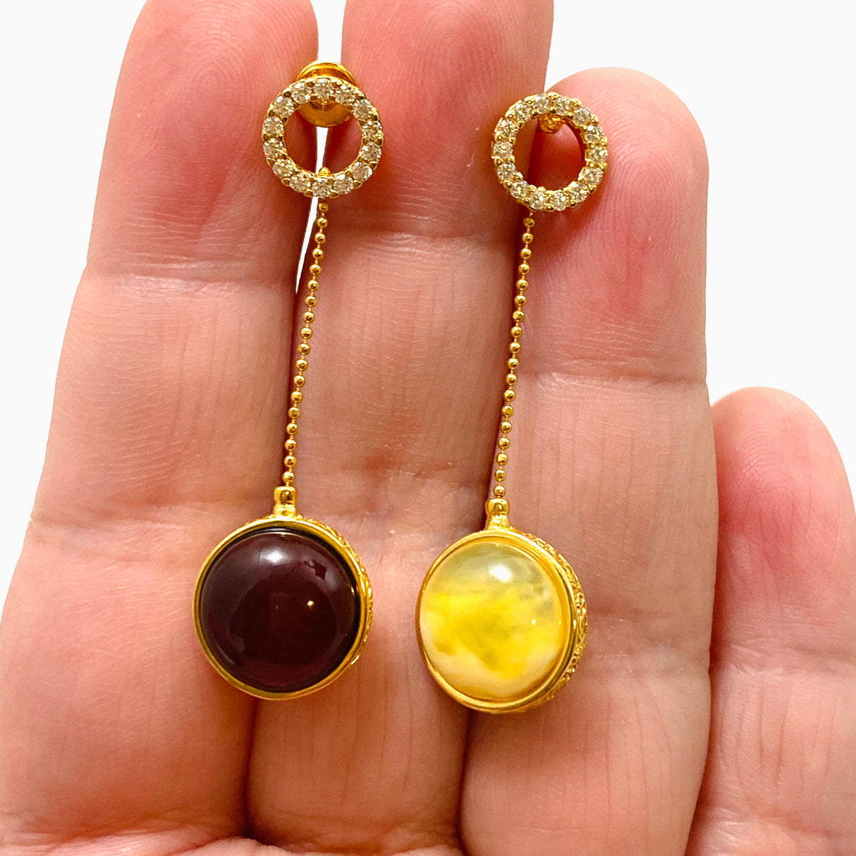 Baltic Amber Round Double Sided 18K Gold Plated Earrings with CZ accents AMB288