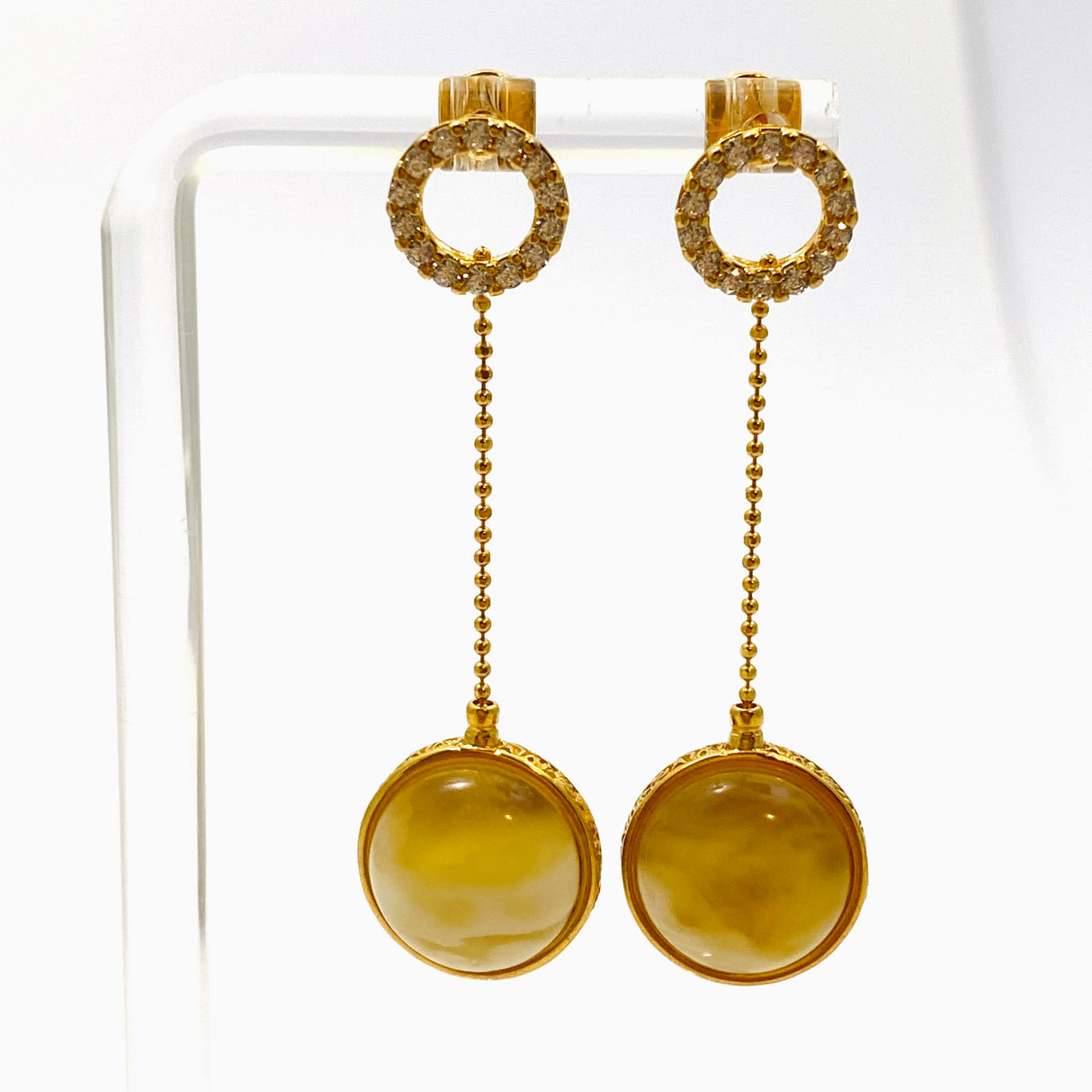 Baltic Amber Round Double Sided 18K Gold Plated Earrings with CZ accents AMB288