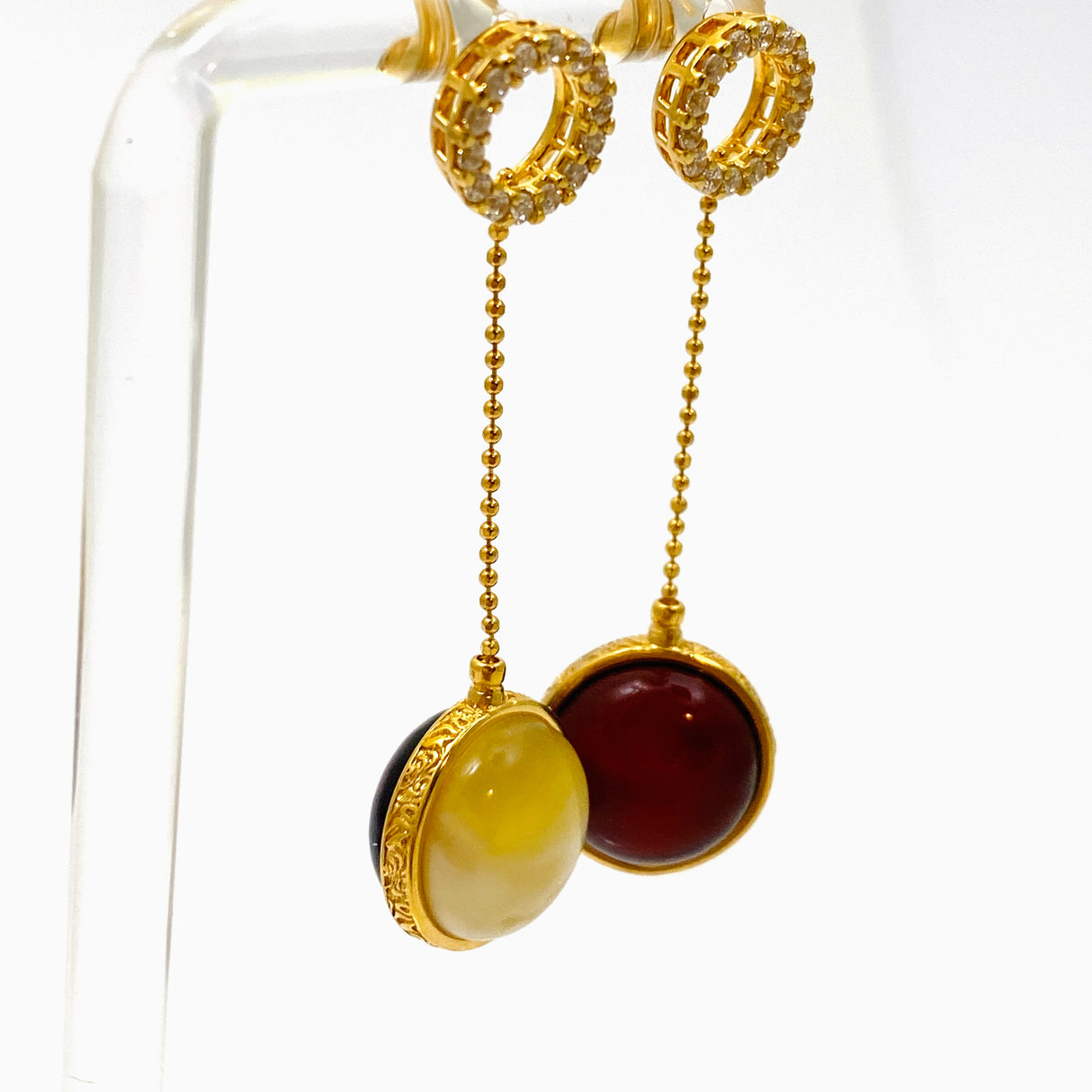 Baltic Amber Round Double Sided 18K Gold Plated Earrings with CZ accents AMB288