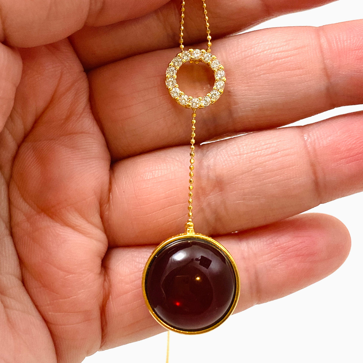 Baltic Amber Round Double Sided 18K Gold Plated Necklace with CZ accents AMB287