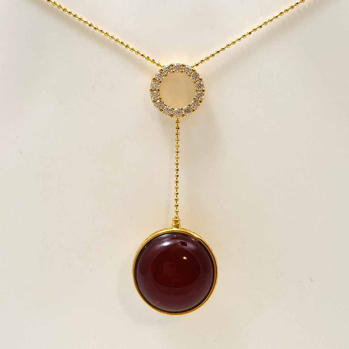 Baltic Amber Round Double Sided 18K Gold Plated Necklace with CZ accents AMB287