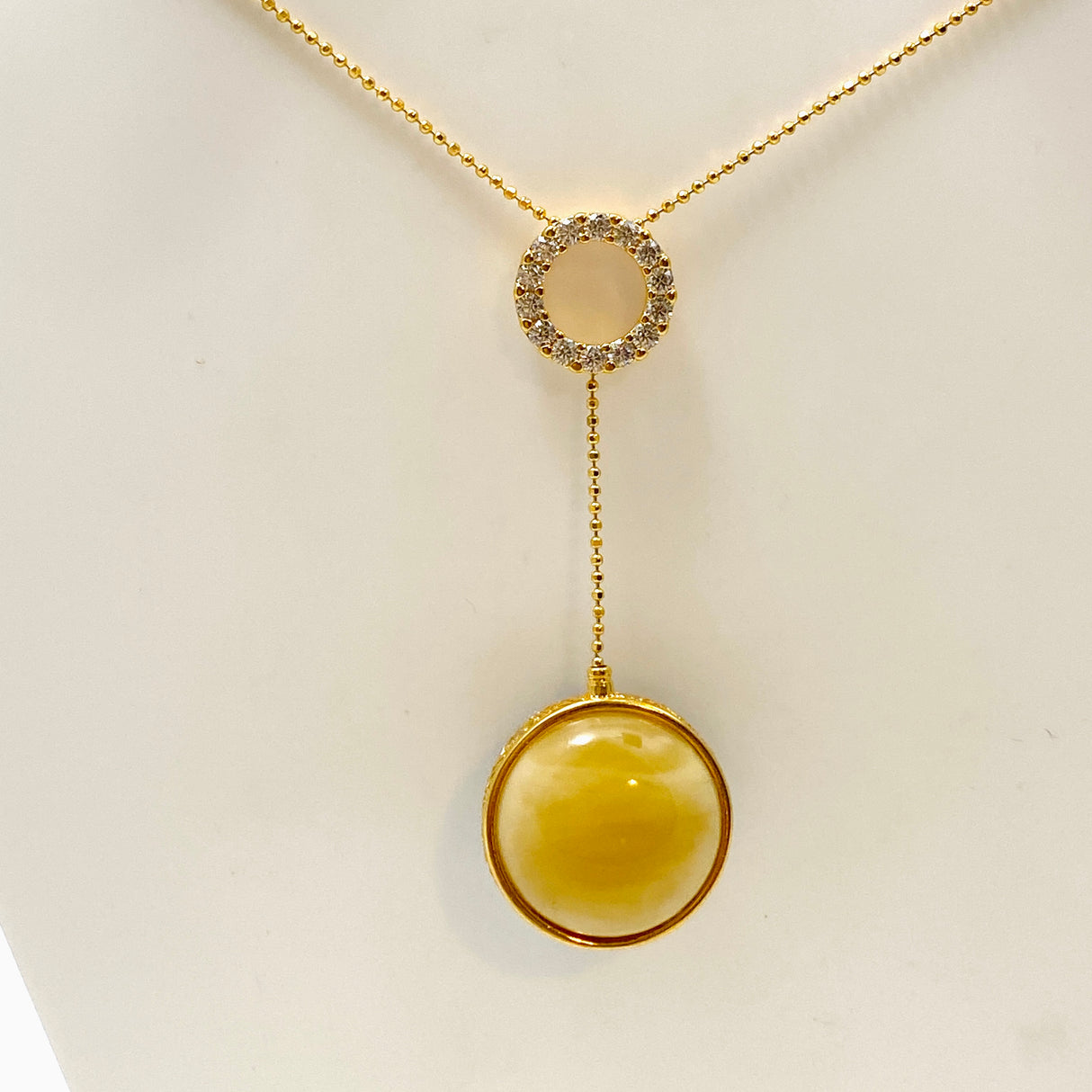 Baltic Amber Round Double Sided 18K Gold Plated Necklace with CZ accents AMB287