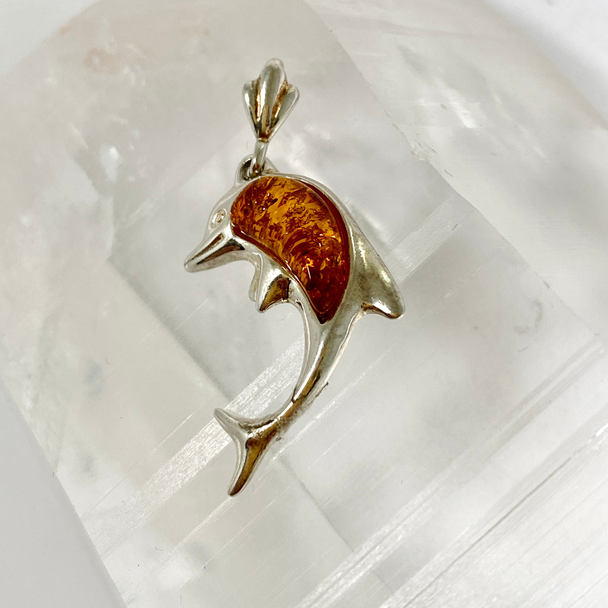 Baltic Cognac Amber Cabochon Dolphin Pendant AMB355