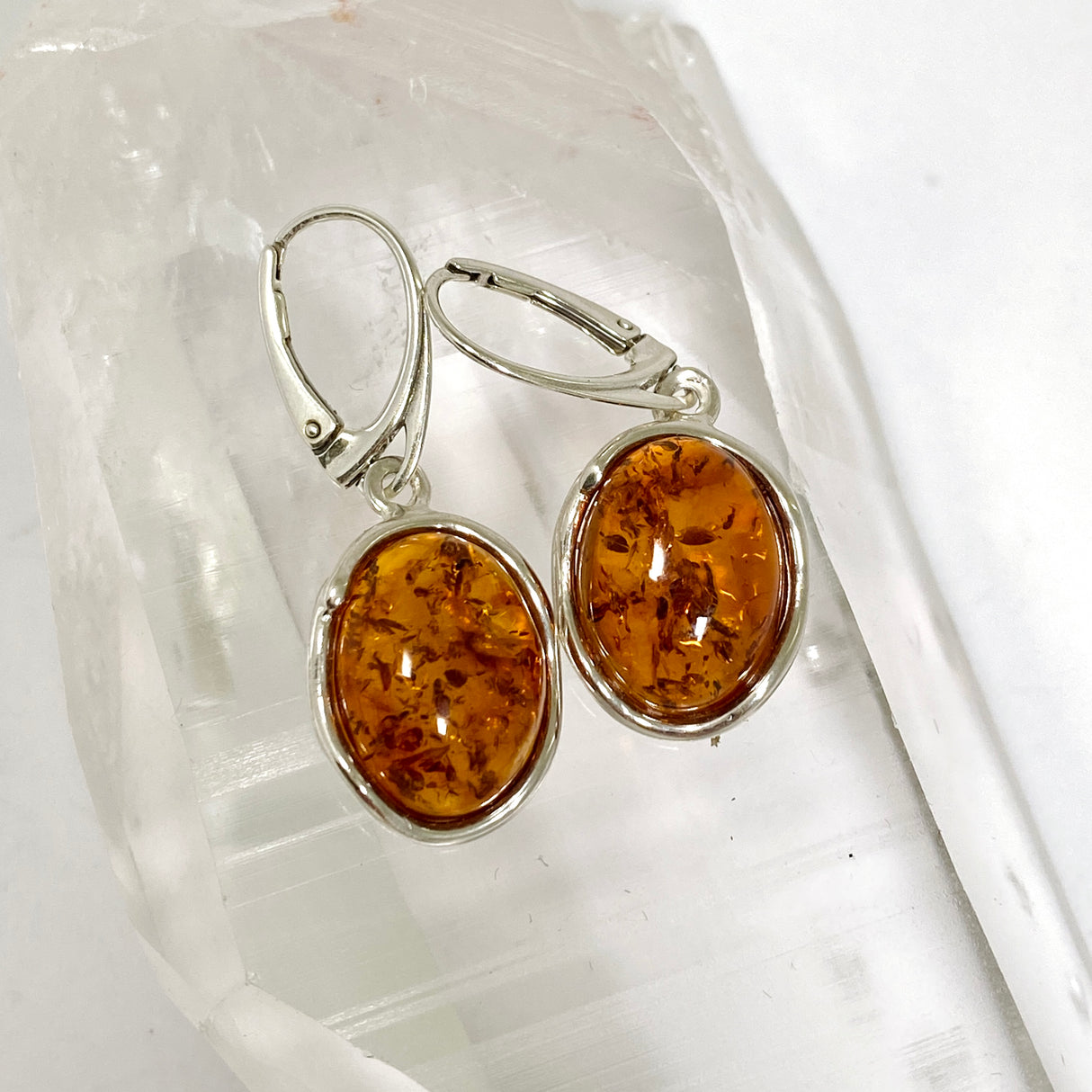 Baltic Cognac Amber Oval Cabochon Drop Earrings AMB319