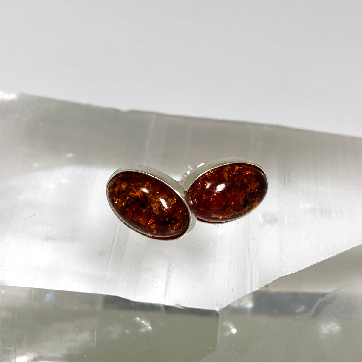 Baltic Cognac Amber Oval Cabochon Stud Earrings AMB314