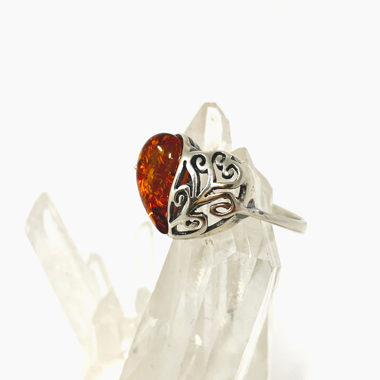 Baltic Cognac Amber Teardrop Cabochon Filigree Heart Ring Size 9.25 AMB325