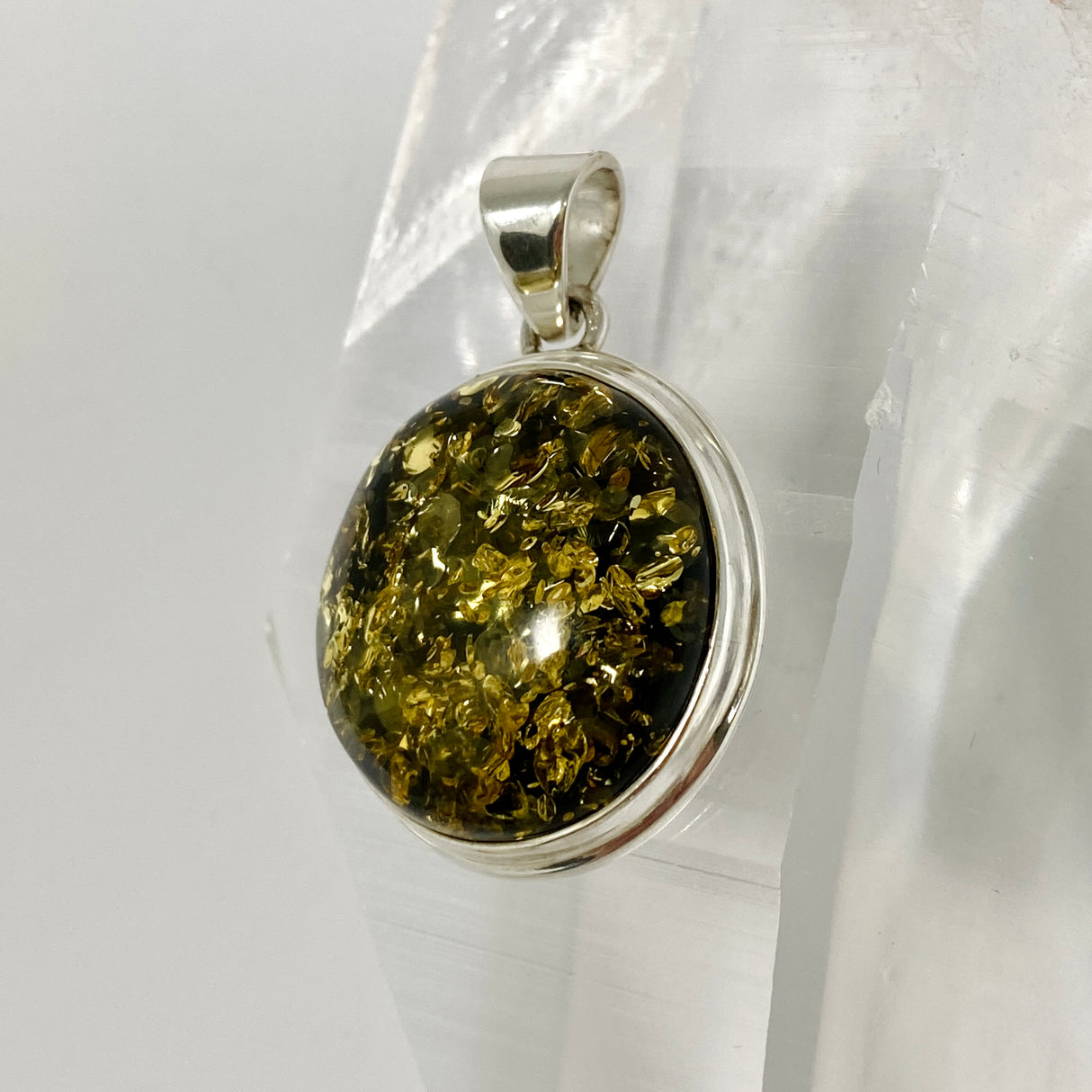 Baltic Green Amber Round Cabochon Pendant AMB361