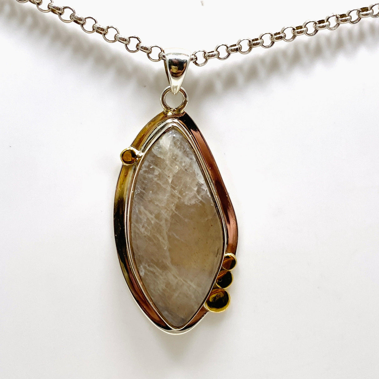 Belomorite (Sunstone with Moonstone "Eclipse" Stone) Freeform Pendant with brass accents KPGJ4235 - Nature's Magick