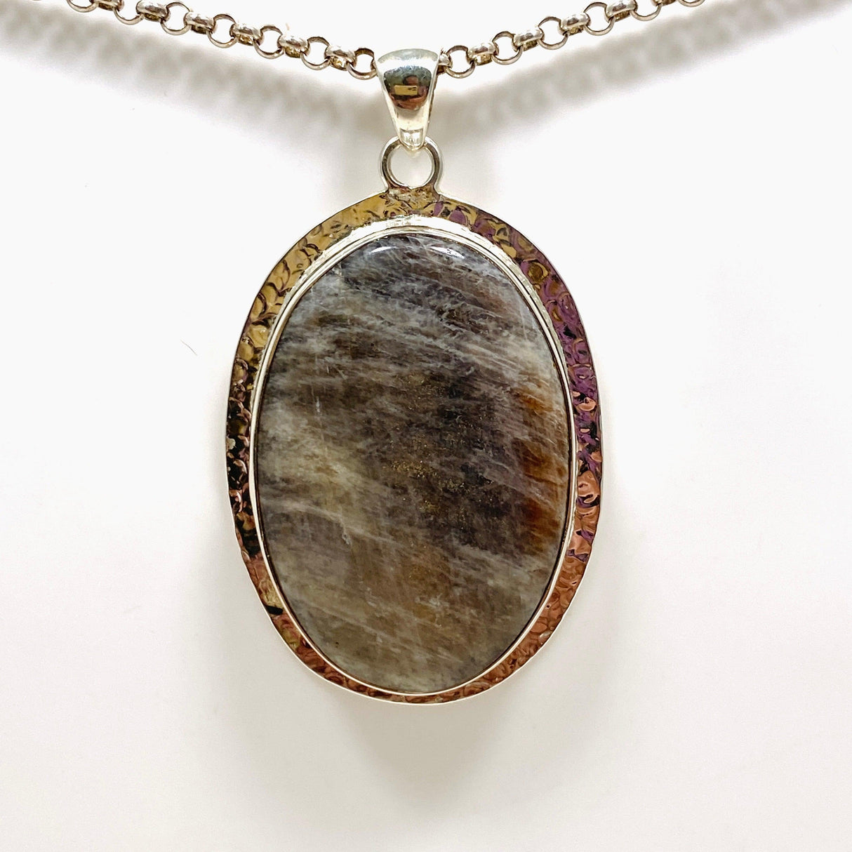 Belomorite (Sunstone with Moonstone "Eclipse" Stone) Oval Pendant with Hammered Setting KPGJ4223 - Nature's Magick