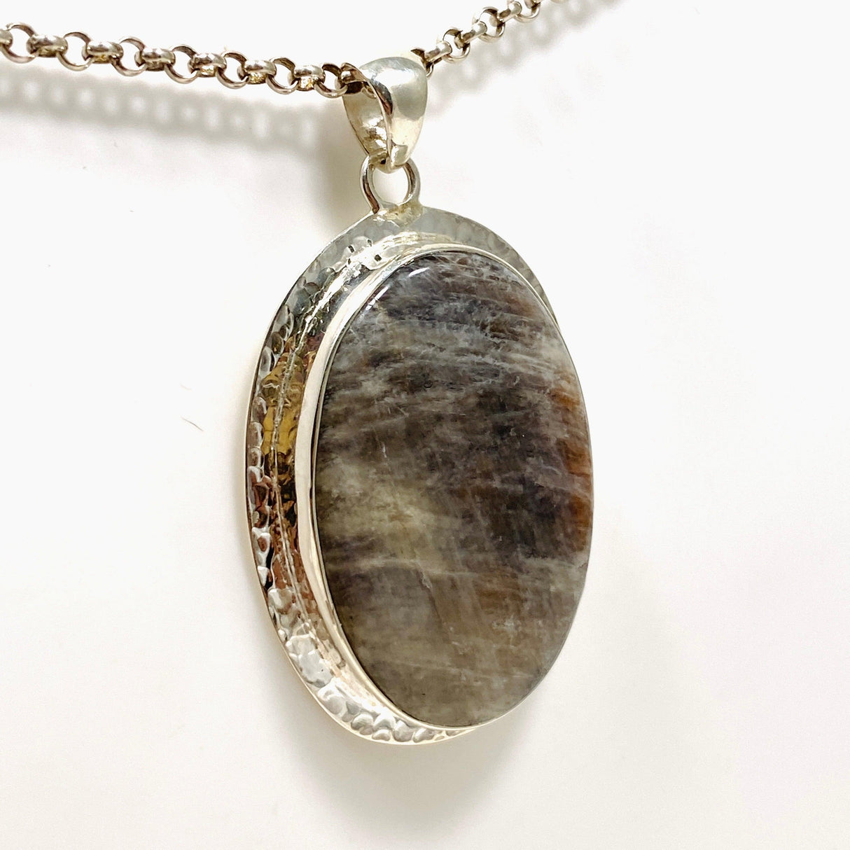 Belomorite (Sunstone with Moonstone "Eclipse" Stone) Oval Pendant with Hammered Setting KPGJ4223 - Nature's Magick