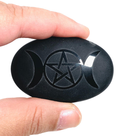 Black Obsidian palmstone with pentagram moon - Nature's Magick