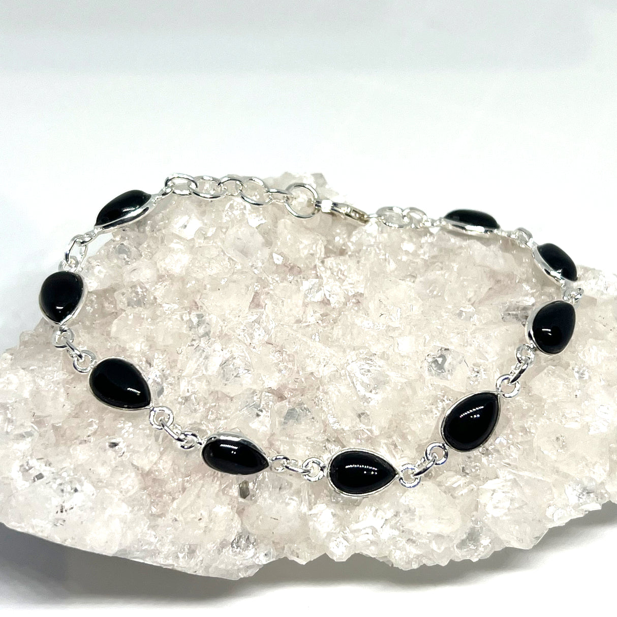 Black Onyx cabochon gemstones in 925 silver bezel setting bracelet