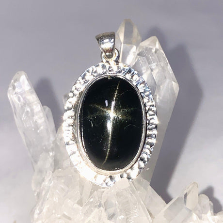 Black Star Diopside Oval Pendant in a Hammered Setting KPGJ4476 - Nature's Magick