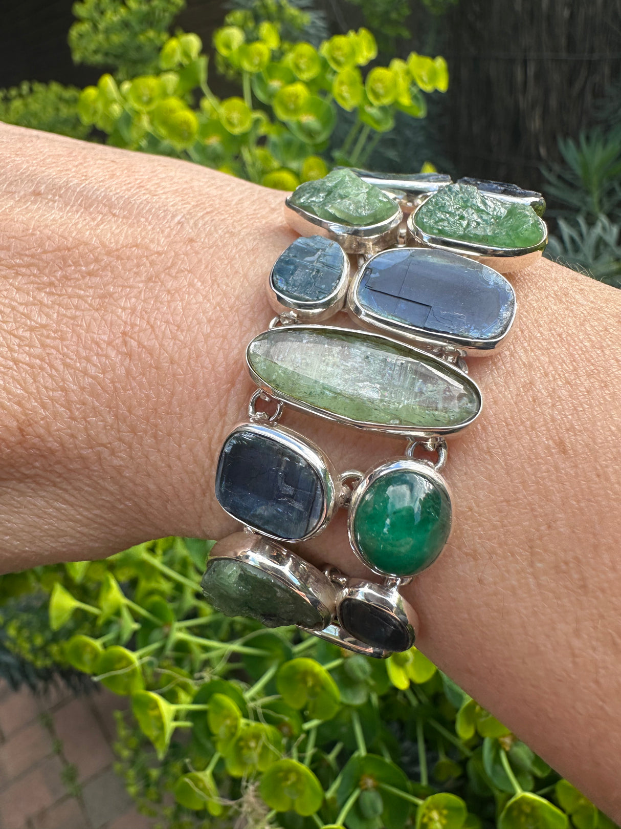 Blue and Green Kyanite, Tsavorite and Emerald Multi-stone Bracelet PBGJ045