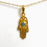 Blue Topaz Round Faceted Hamsa Hand Gold Plated Pendant PPGJ1219
