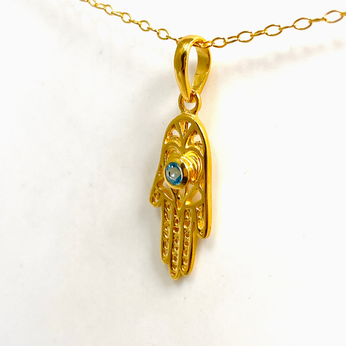 Blue Topaz Round Faceted Hamsa Hand Gold Plated Pendant PPGJ1219