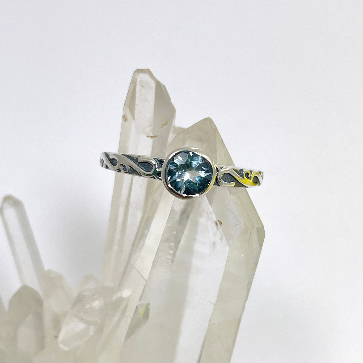 Blue Topaz Round Faceted Ring in a Decorative Setting R4807