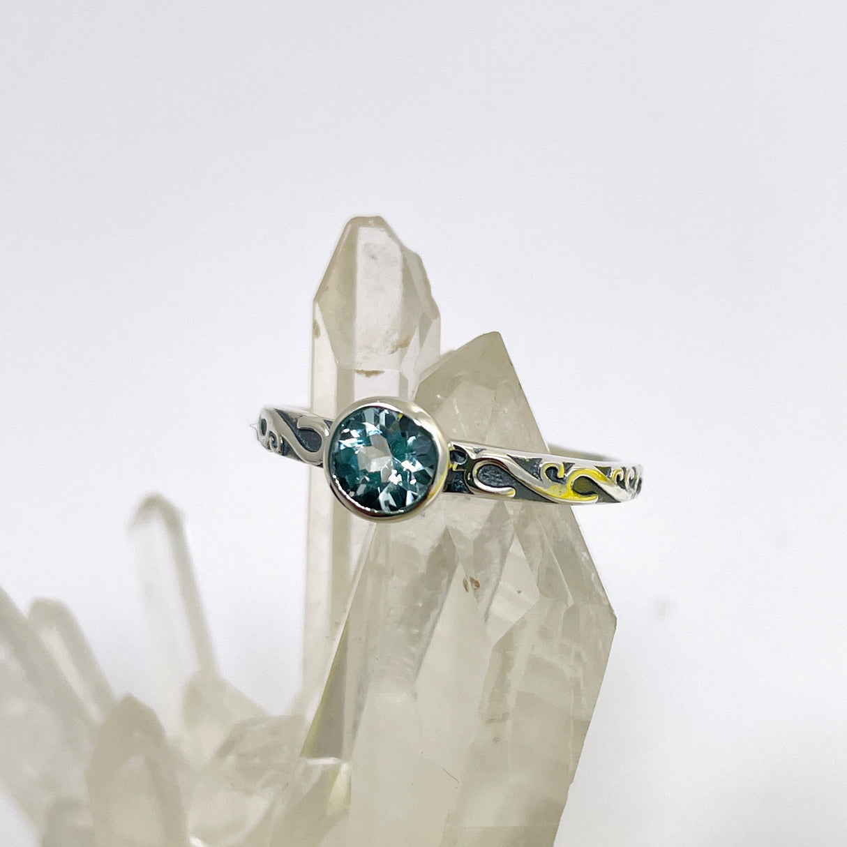 Blue Topaz Round Faceted Ring in a Decorative Setting R4807