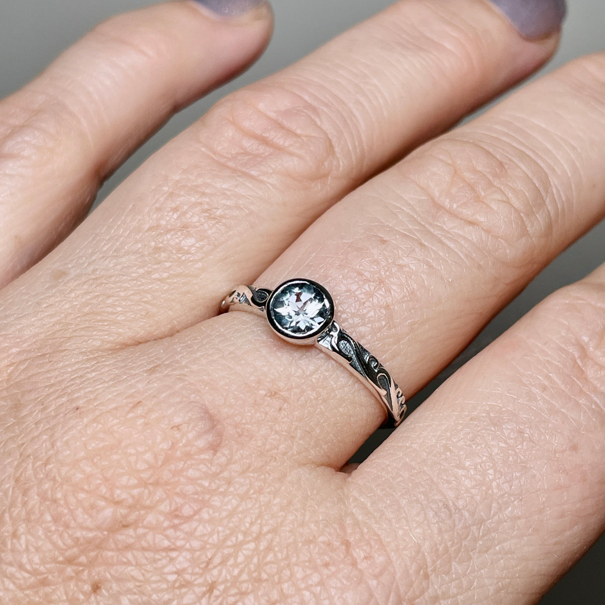 Blue Topaz Round Faceted Ring in a Decorative Setting R4807