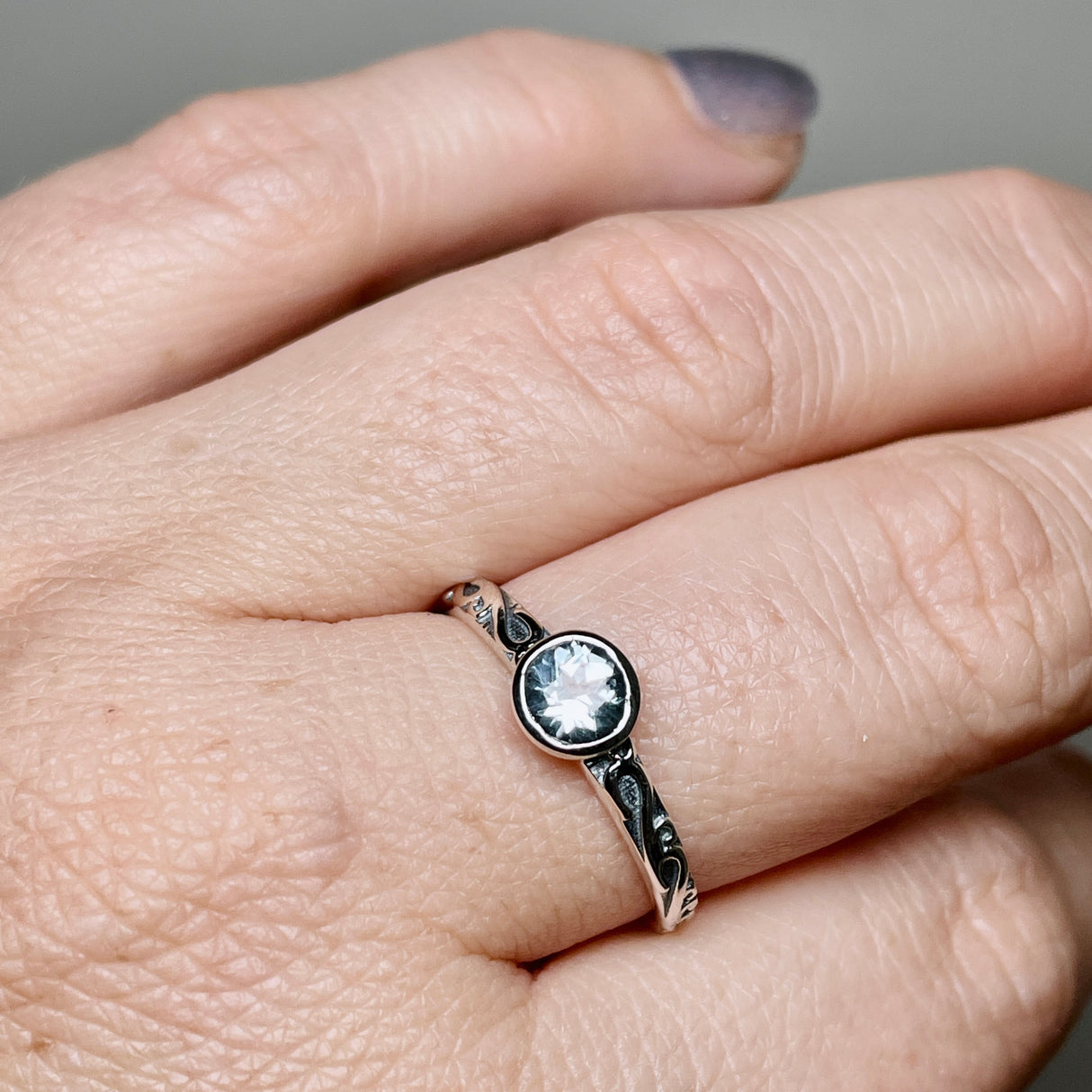 Blue Topaz Round Faceted Ring in a Decorative Setting R4807