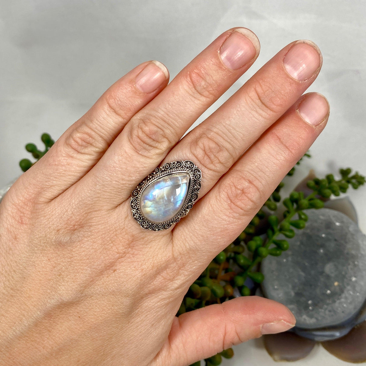 Boho Style Moonstone teardrop ring s.7 KRGJ2779 - Nature's Magick