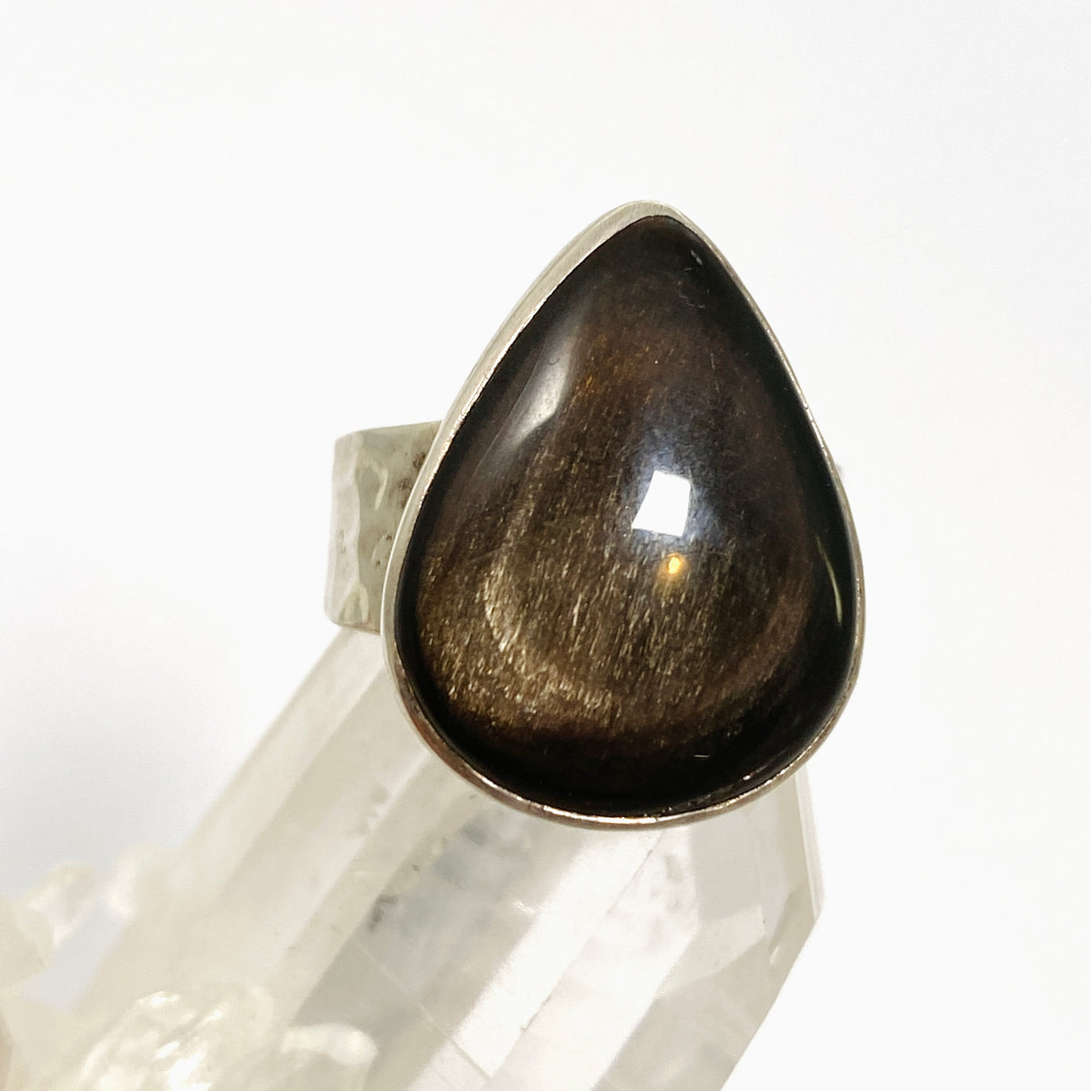 Bronze/Gold sheen Obsidian teardrop ring beaten band s.6.5 KRGJ1677