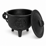 Large cast iron cauldron with lid and pentagram design, 11cm
