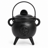 Cast iron cauldron with lid and pentagram design, 9cm