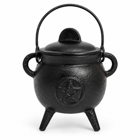 Cast iron cauldron with lid and pentagram design, 9cm