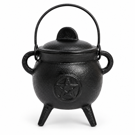 Cast iron cauldron with lid and pentagram design, 9cm