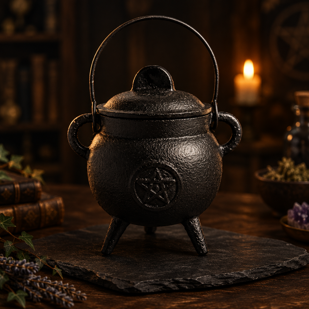 Cast iron cauldron with lid and pentagram design, 9cm