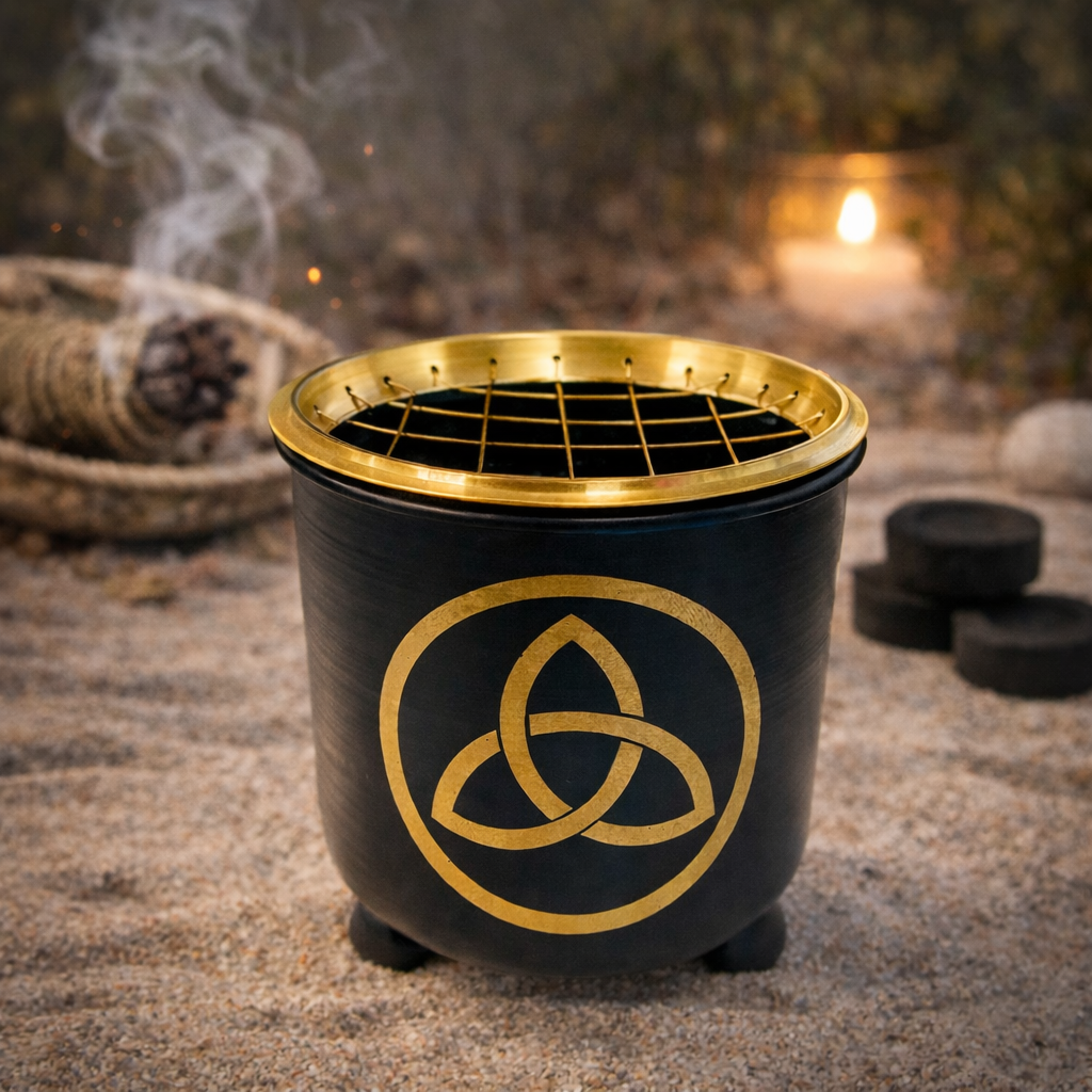 Incense Charcoal Burner BLACK GOLD TRIQUETRA w Brass Grid