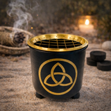 Incense Charcoal Burner BLACK GOLD TRIQUETRA w Brass Grid