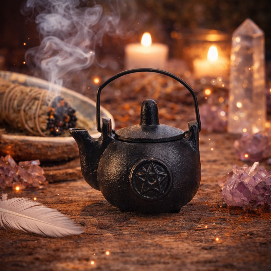 Small kettle-style cast iron cauldron with pentagram design and lid
