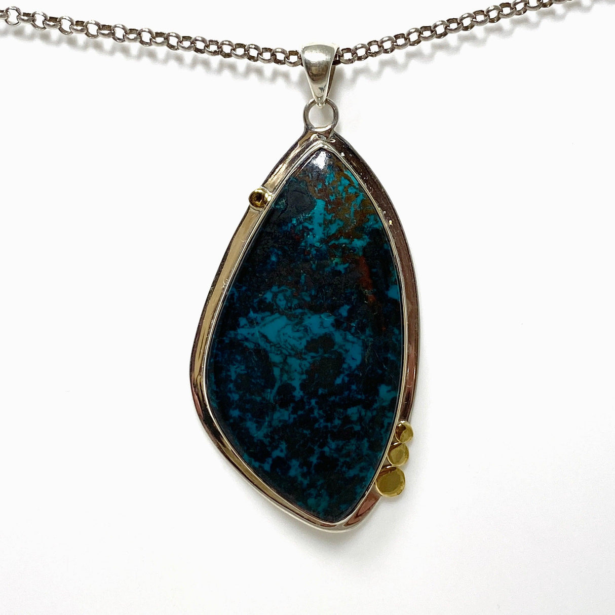 Chrysocolla with Cuprite Freeform Pendant in a Decorative Setting KPGJ4433 - Nature's Magick