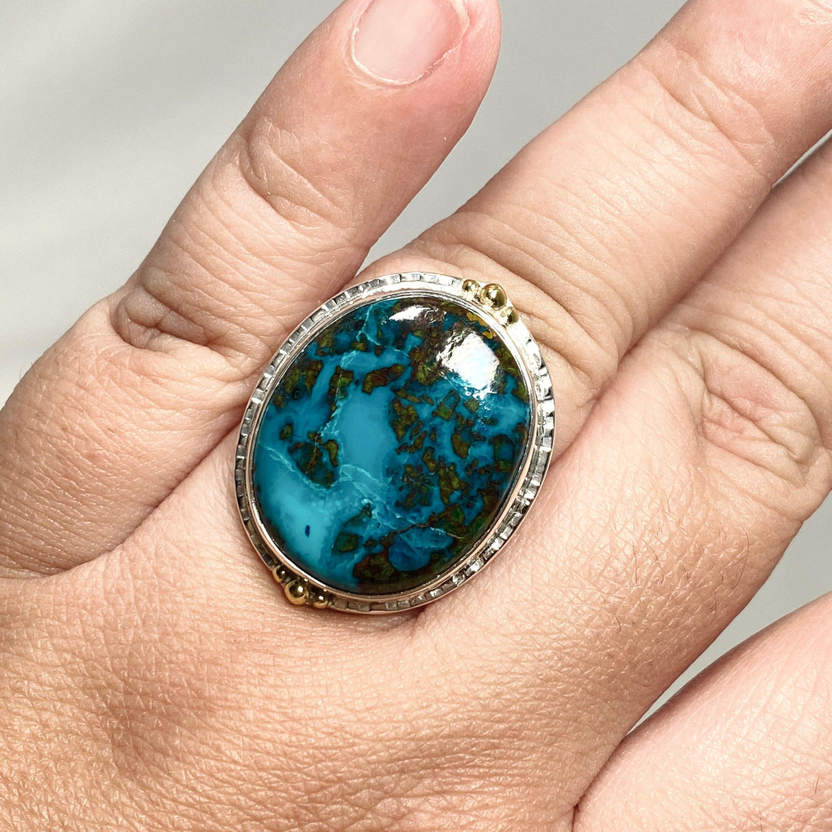 Chrysocolla with Shattuckite Oval Ring with Brass Accents Size 11 KRGJ3226 - Nature's Magick