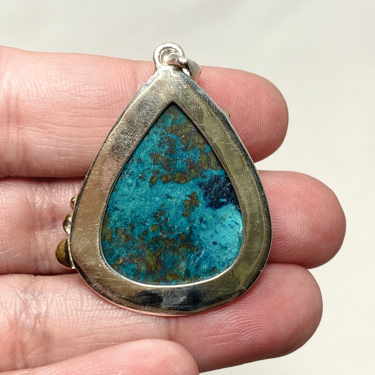 Chrysocolla with Shattuckite Teardrop Pendant in a Decorative Setting KPGJ4428 - Nature's Magick