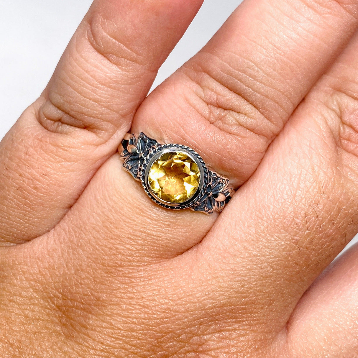 Citrine Faceted Round Ring in a Decorative Setting R3671 - Nature's Magick