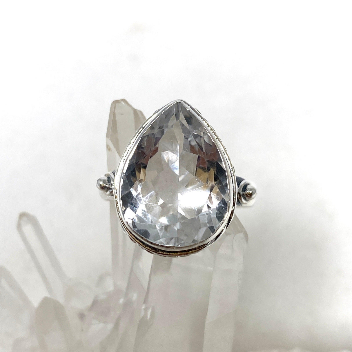 Clear Quartz Faceted Teardrop Ring in a Decorative Setting R3817 - Nature's Magick