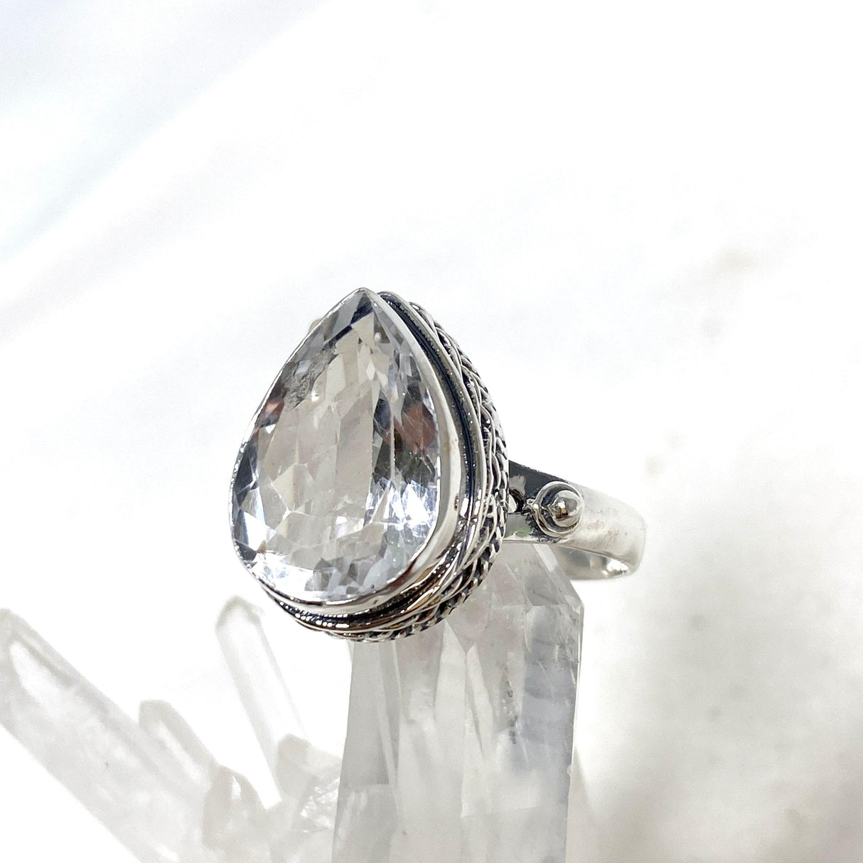 Clear Quartz Faceted Teardrop Ring in a Decorative Setting R3817 - Nature's Magick