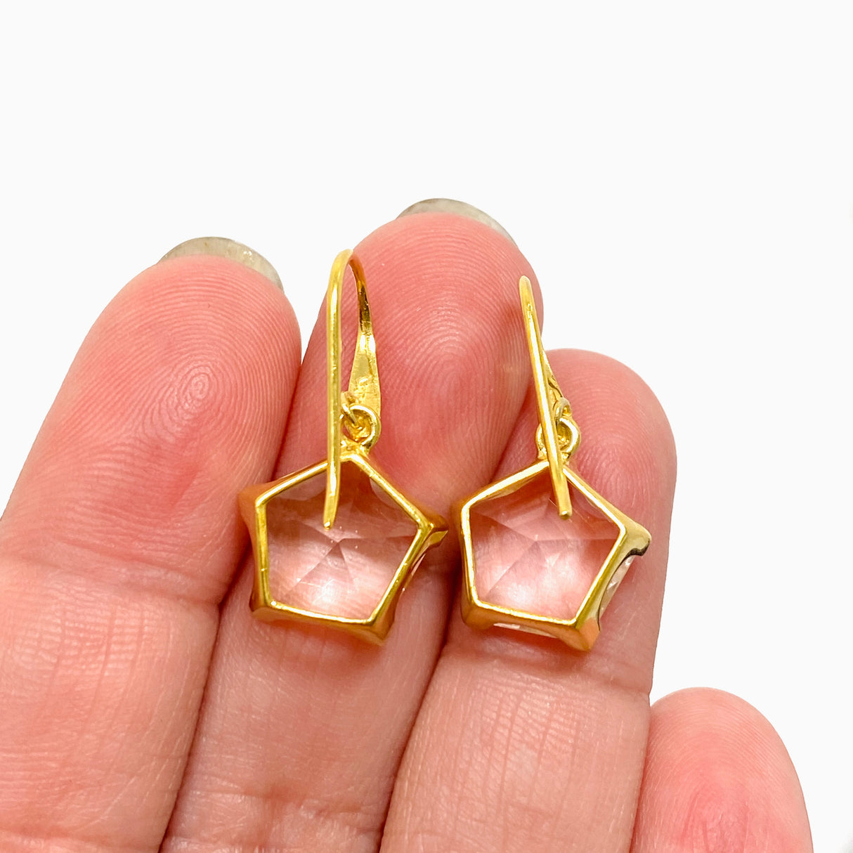 Clear Quartz Pentagon Faceted Star Gold Plated Claw Set Drop Earrings PEGJ372