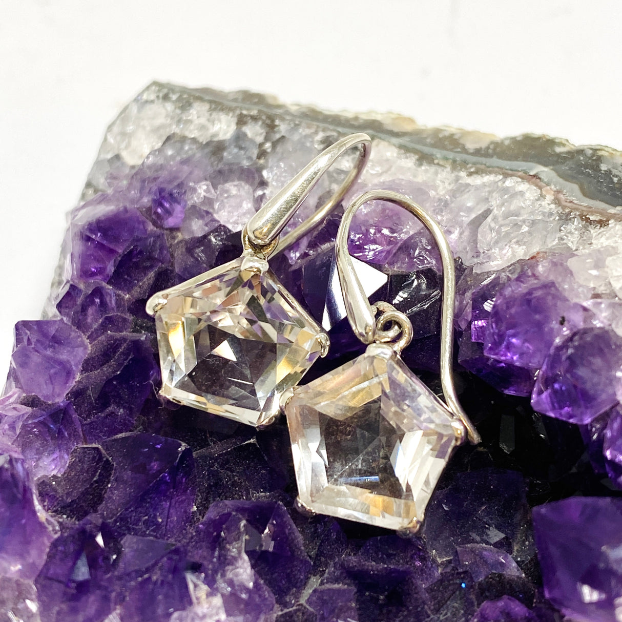 Clear Quartz Pentagon Faceted Star Earrings PEGJ397