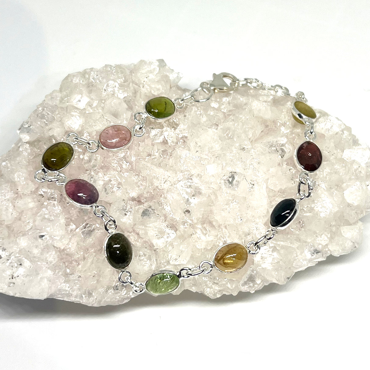 Colourful Tourmaline cabochon gemstones in 925 silver bezel setting bracelet PBGJ025