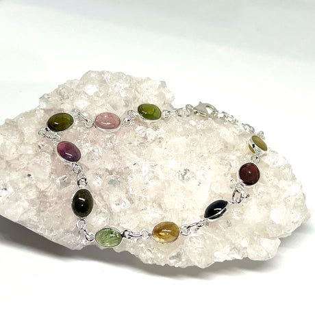 Colourful Tourmaline cabochon gemstones in 925 silver bezel setting bracelet PBGJ025