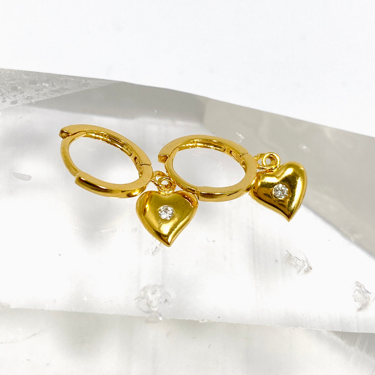 Cubic Zirconia Gold Plated Heart Drop Huggie Earrings SE2717-YG