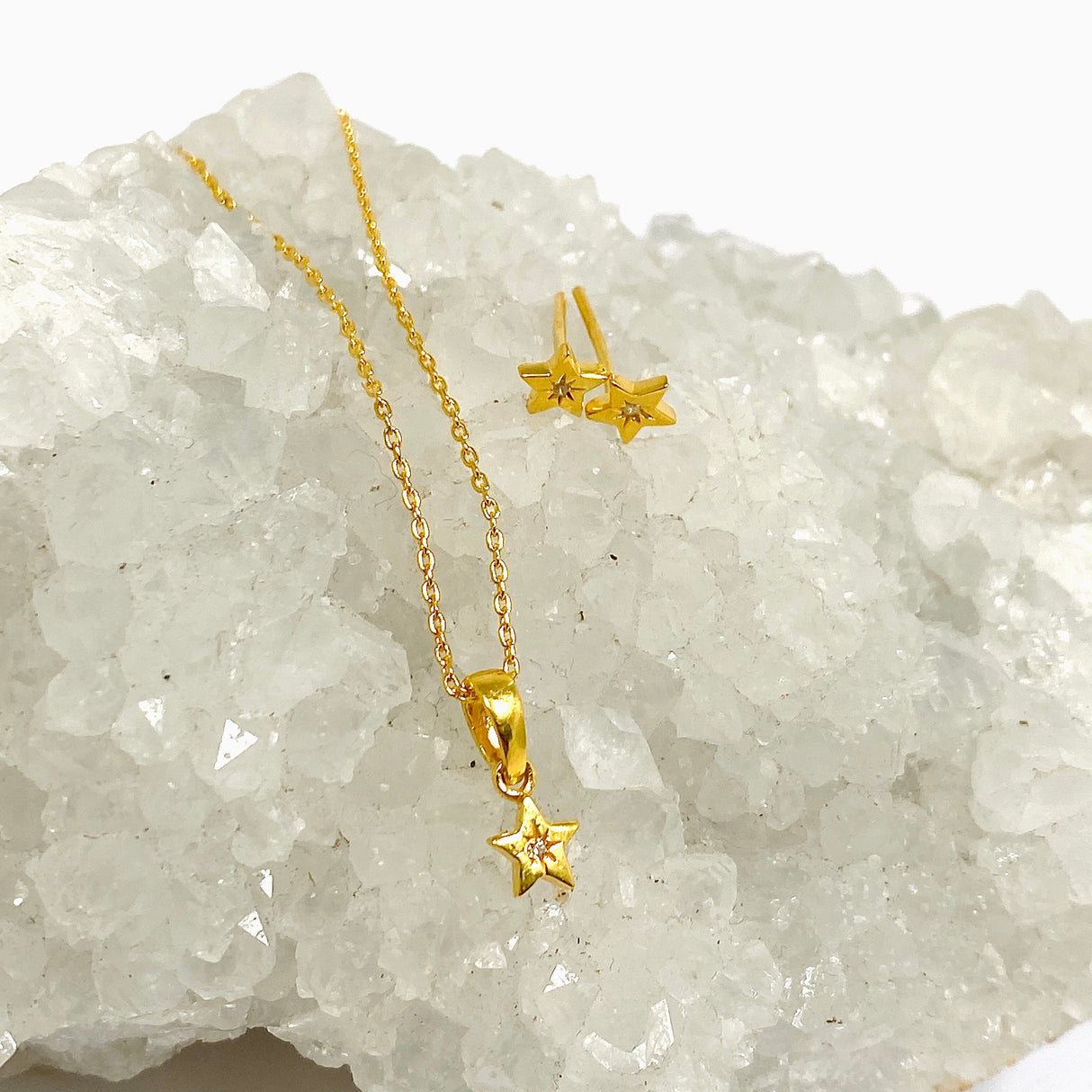 Cubic Zirconia Gold Plated Star Necklace and Earring Set SET195