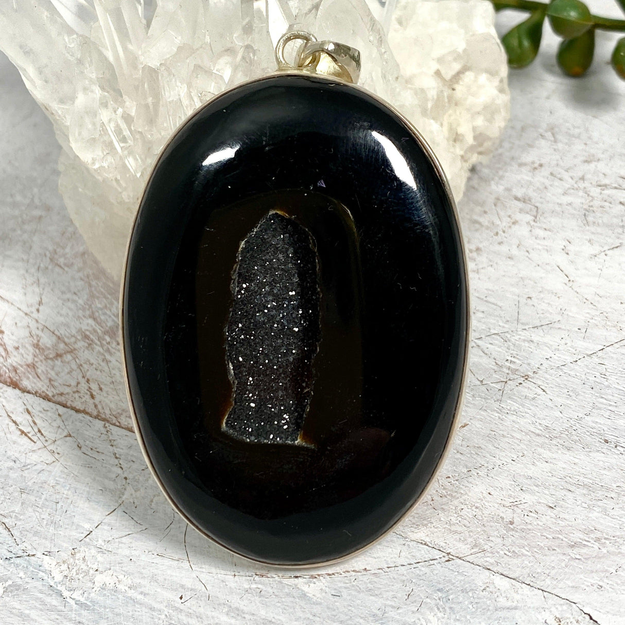 Druzy Black Agate oval pendant KPGJ3175 - Nature's Magick